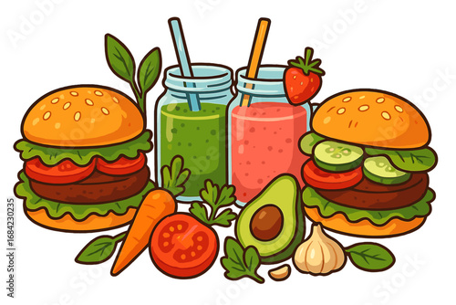 Healthy plant-based meal options with veggie burgers and fruit smoothies. Vector cartoon illustration with fresh ingredients like avocado and tomato for a vegan diet and lifestyle.