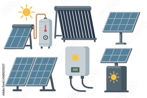 Solar energy equipment set. Collection of renewable green power generation technologies. Photovoltaic solar panels, water heater, battery system. Vector cartoon illustration.