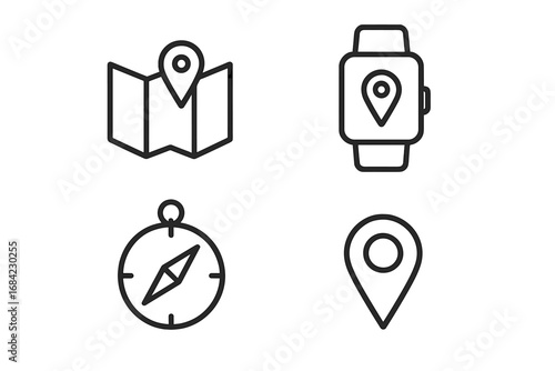 Location and navigation line icon set. GPS technology symbols for web and mobile apps. Map with pin, smartwatch tracker, compass, and marker. Simple outline vector icons.