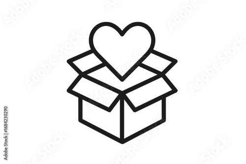 Heart in open box icon. Donation, charity, and volunteering concept. Symbol of love, care, help, and support. Modern vector outline illustration for logo, web, app design.