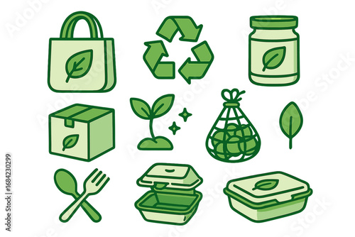 Set of various eco-friendly icons representing sustainable packaging, food storage solutions, recycling, reusable bags, and zero waste practices in modern cartoon vector style
