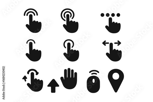 Vector user interface solid icon set with hand gestures. Touch screen navigation elements like tap, swipe, drag, zoom. Click, pointer, and glyph icons for web and mobile apps.