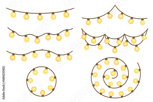 Set of decorative string lights. Glowing garland collection for festive occasions. Christmas, holiday, party or birthday celebration design element. Vector cartoon illustration.