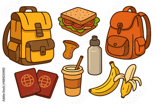 Set of travel essentials for adventure and tourism. Vector cartoon illustration of backpack, passport, food and drink. Isolated icons for journey, vacation, or hiking concept.