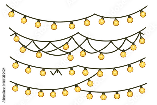 Set of hanging decorative string lights. Festive glowing bulb garlands for Christmas, wedding, party decoration. Outdoor patio lights vector cartoon illustration isolated on white.