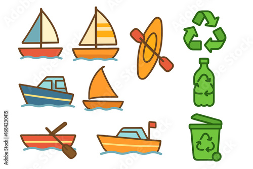 Various Marine-Themed Icons Featuring Colorful Boats, Kayaks, and Recycling Symbols. Vector Cartoon Illustration, Transparent Background, Ordered Set for Nautical and Eco-Friendly Concepts