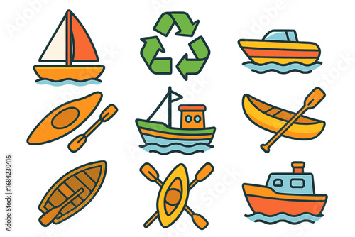 Marine-themed icon set with colorful boats, kayaks, canoes, fishing boats, motorboats, and recycling symbols, vibrant cartoon vector illustration, transparent background