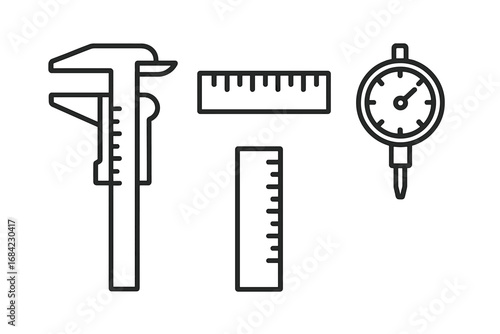 Measurement tools vector icon set. Precise linear icons for calipers, rulers, and gauges. Engineering and construction instruments for measuring accuracy and dimensions. Metrology.