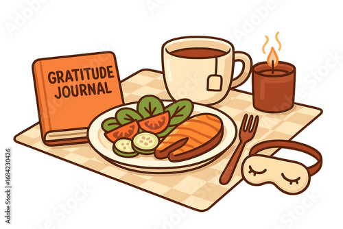 Self care routine with gratitude journal, healthy food, tea, candle and sleep mask. Concept of mental health, wellness, mindfulness and relaxation. Cozy evening. Vector.