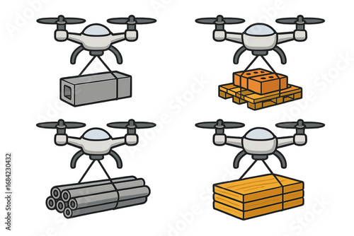 Set of drones lifting construction materials. Quadcopters transport heavy cargo like bricks, pipes, wood planks. Construction logistics, building automation, and delivery concept.