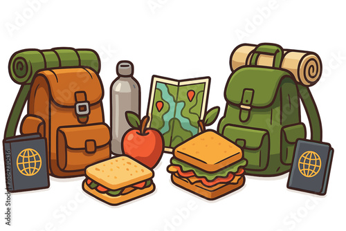 Set of travel and hiking essentials for adventure. Backpack, passport, map, water bottle and food for exploration. Vector cartoon illustration for tourism, camping, journey concept.