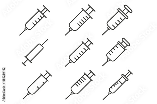 Syringe Outline Web Line Icons Collection, Minimalistic Linear Medical Pictogram Set for Web, Graphic Design, Apps, Banners, Social Networks, Cards, Vector Cartoon Illustrations