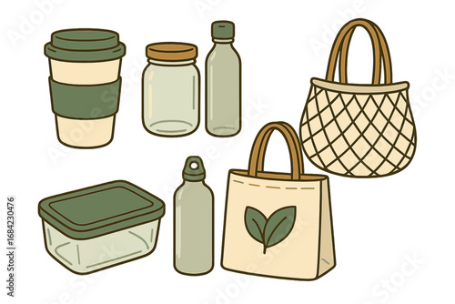 Zero waste vector elements set. Collection of reusable containers for an eco friendly lifestyle. Sustainable objects including tote bag, coffee cup, jar, water bottle, lunchbox.