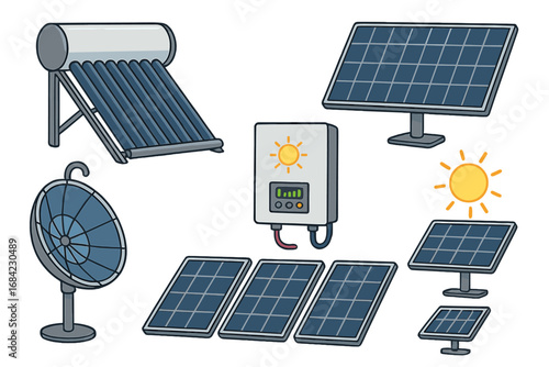 Solar power equipment collection. Vector cartoon set with photovoltaic panels, solar water heater, inverter, and parabolic dish. Renewable green energy & eco technology concept.