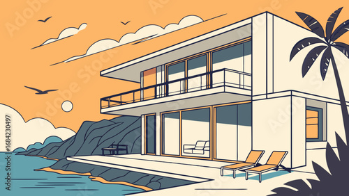 Modern Coastal House Illustration Ocean View Villa Tropical Home Design Summer Vacation Home Beachfront Property Illustration.