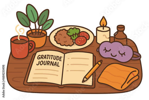Self-care routine with gratitude journal, healthy food, and relaxation tools. Cozy hygge concept for mental health, wellness, and stress relief. Mind-body balance vector.