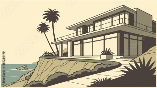 Modern Coastal House Illustration Ocean View Cliffside Home Tropical Landscape Architectural Design Luxury Real Estate Vacation Home Seaside Property Palm Trees Minimalist Design Retro Style Illustra.