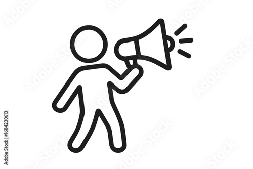 Stick figure with megaphone icon. Vector concept for announcement, marketing, protest, or communication. Person shouting in loudspeaker. Leader, activist, advertising symbol.