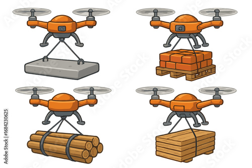Drones lifting various construction materials for transportation and logistics. Automated delivery concept with quadcopters carrying wood, bricks, concrete. Vector cartoon set.