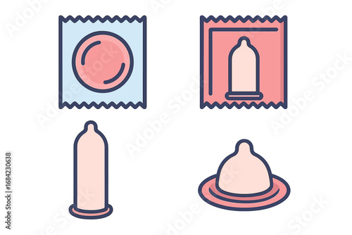 Condom vector icon set. Safe sex, contraception, birth control method concept. Latex contraceptive, rubber prophylactic in pack, wrapper. Sexual health, std, hiv prevention.