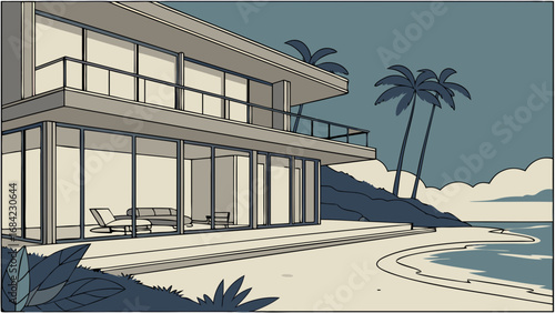 Modern Coastal House Illustration Tropical Beach Home Design Minimalist Architecture Drawing Seaside Villa Oceanfront Property Artwork.