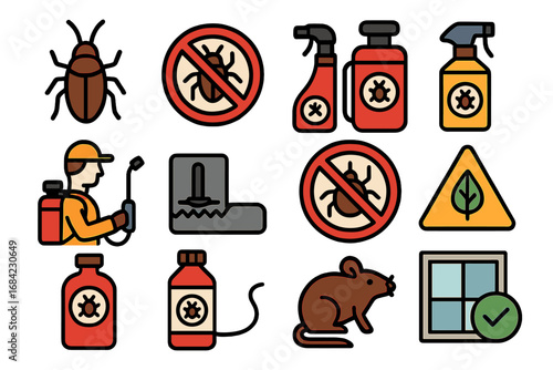Pest control vector icon set. Insect and rodent management symbols. Exterminator, spray, trap, and poison for disinfestation. Bug and vermin prevention cartoon graphics.