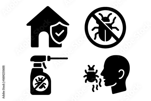 Pest control solid icon set. Home protection, safety, insect prevention symbols. Extermination service glyphs. Bug spray, insecticide and allergy pictogram collection. Vector.