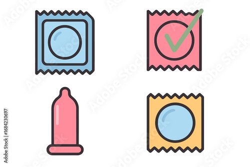 Condom vector icon set for safe sex education. Flat design illustrations of contraception, protection, and birth control packaging. Health care and STD prevention concept.
