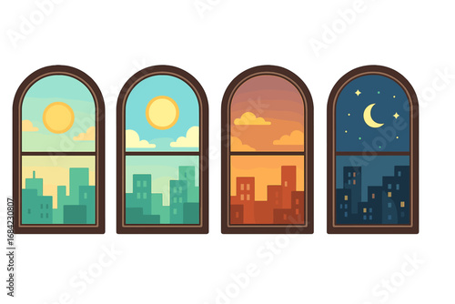 Four windows showing day, noon, sunset, and night. Cityscape time-lapse concept. 24-hour urban cycle. Morning to evening transition. City life cartoon vector illustration set.