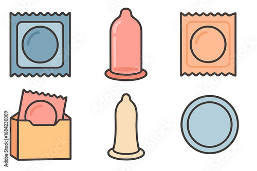 Condom vector icon set. Safe sex, contraception and birth control concept. Latex condom in pack, box, and unwrapped. Flat cartoon illustration for health, STD, HIV protection.