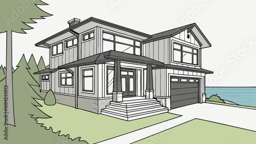 Modern House Architectural Drawing Waterfront Property Design Two-Story Home Illustration Grey Exterior Green Landscaping.