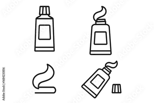 Minimalistic Linear Toothpaste Tube Icon Set, Vector Cartoon Toothpaste Tubes and Cream Swirls, Simple Outline Style for Web, Graphic Design, Apps, Banners, and Social Media