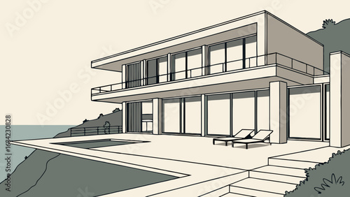 Modern House Architectural Illustration Cliffside Villa Design Luxury Home Drawing Minimalist Home Exterior Poolside Patio Ocean View Residence Contemporary Architecture Sketch Two Story House Illust.