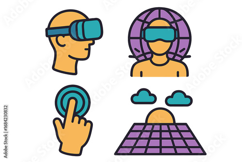 Virtual reality icons representing immersive technology, user interaction, and digital environments with VR headset, touch interface, and virtual world concept, vector cartoon illustration