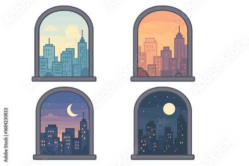 Set of four windows with a city view, showcasing the daily cycle from morning, sunset, evening, and night. Urban cityscape time-lapse concept. Vector cartoon illustration.