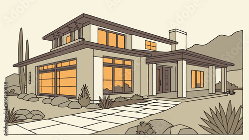 Modern House Architectural Illustration Desert Landscape Home Design Real Estate Property Two-Story House Floor Plan Home Exterior Residential Building Home Sweet Home House Drawing Modern Architectu.