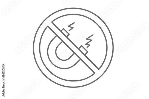 No magnet sign vector icon. Linear illustration of a magnet prohibited symbol. Warning about strong magnetic fields. Safety pictogram for pacemakers or sensitive devices.