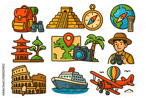 Travel icon set for adventure and global exploration. Culture and tourism symbols. Vector cartoon illustration of world landmarks, vacation activities and transport concepts.