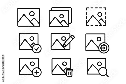 Photo management line icon set. Image gallery and picture tools outline collection. Vector symbols for UI, UX design. Includes edit, add, delete, and search icons.