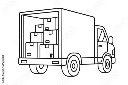 Vector line art of a delivery truck loaded with boxes, logistics and shipping concept, cardboard parcel transport, package delivery service, line drawing illustration with transparent background