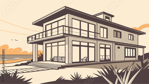 Modern House Architectural Illustration Seaside Home Design Two-Story Building Large Windows Balcony Coastal Landscape Sunset View.