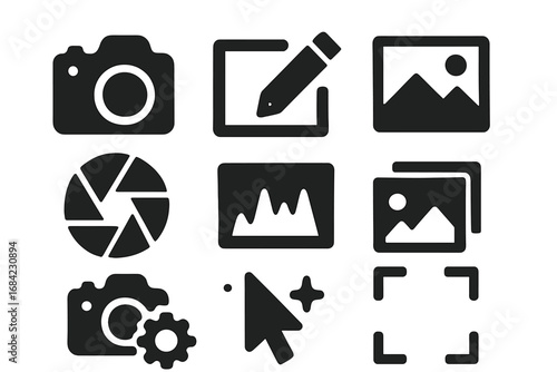 Photography solid glyph icon set. Photo editing, camera, gallery, aperture, crop, histogram, and settings symbols. Vector collection for UI, UX, web, and app interface design.