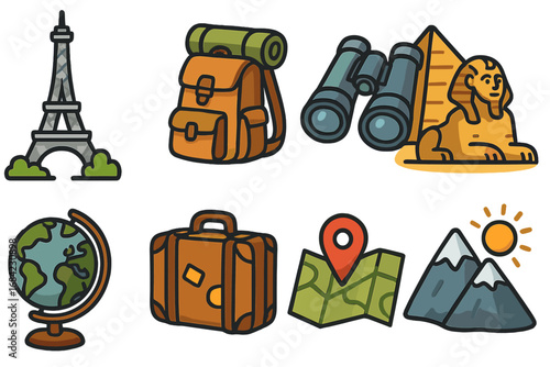 Travel icon set vector. Adventure, exploration, journey symbols. World landmarks Paris Eiffel Tower, Egypt Sphinx. Vacation essentials backpack, suitcase, map, globe.