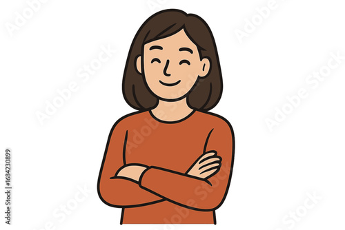 Confident smiling woman with arms crossed. Happy friendly female character showing self-assurance and success. Vector cartoon illustration for business, web, or avatar.