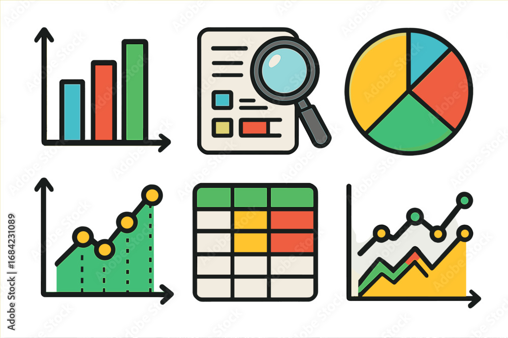 Obraz premium Colorful vector illustration of data analytics symbols including bar graphs, line charts, pie charts, magnifying glass on report, and data tables for business intelligence and analysis concepts