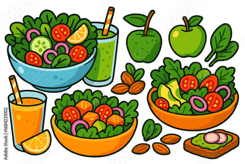 Healthy food vector illustration set. Cartoon collection of fresh salads, smoothies, juice, fruits, and snacks. Concept for nutrition, diet, vegan or vegetarian lifestyle.