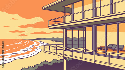 Modern House by the Ocean at Sunset Minimalist Architecture Illustration Coastal Home Design Beach View Summer Vacation Holiday Home Real Estate Home Design Interior Design Architectural Drawing Vect.