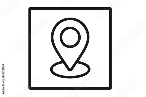 Map pin icon in a square frame. Linear symbol for location, destination, and navigation. GPS pointer pictogram for web design, apps, and user interfaces. Simple outline vector.