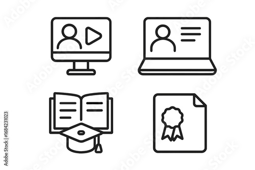 Online education and e-learning line icon set. Webinar, distance learning, and virtual course concepts. Vector icons for graduation, certification, and online university.
