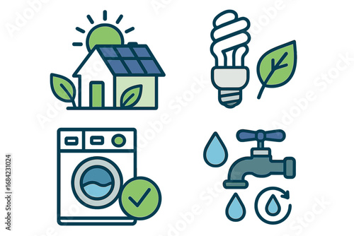Visual guide illustrating sustainable home management practices focusing on energy efficiency, solar power, eco-friendly lighting, water conservation, and eco appliances, vector cartoon illustration